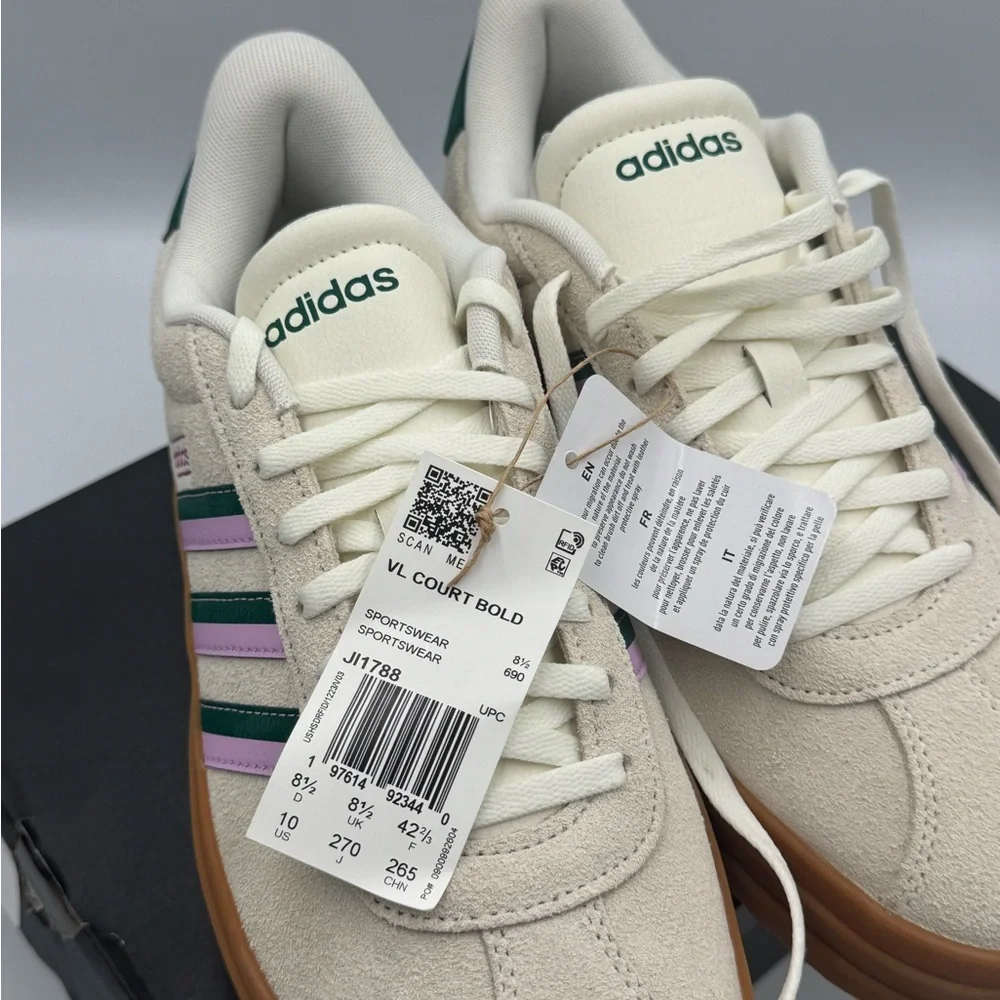 Adidas VL Court Bold Cream Sneakers with Green and Pink Stripes 10womens new - Picture 8 of 9